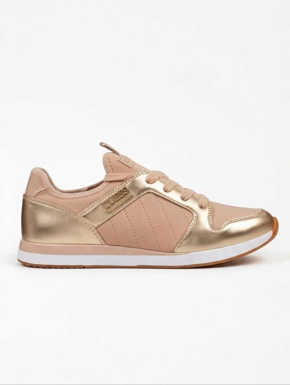 GUESS Pink + Rose Gold Metallic Blush Quilted Lace-Up Retro Runner Sneakers Sz 7